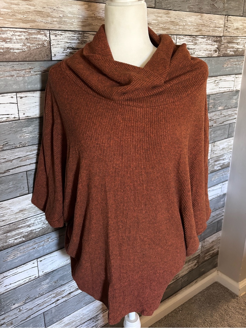 Heimious Rust Brown/Orange Soft Poncho Knit Sweater Granola Girl Womens Size L